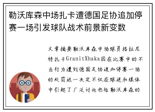 勒沃库森中场扎卡遭德国足协追加停赛一场引发球队战术前景新变数