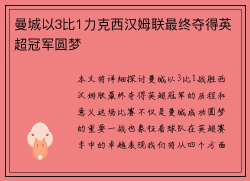 曼城以3比1力克西汉姆联最终夺得英超冠军圆梦